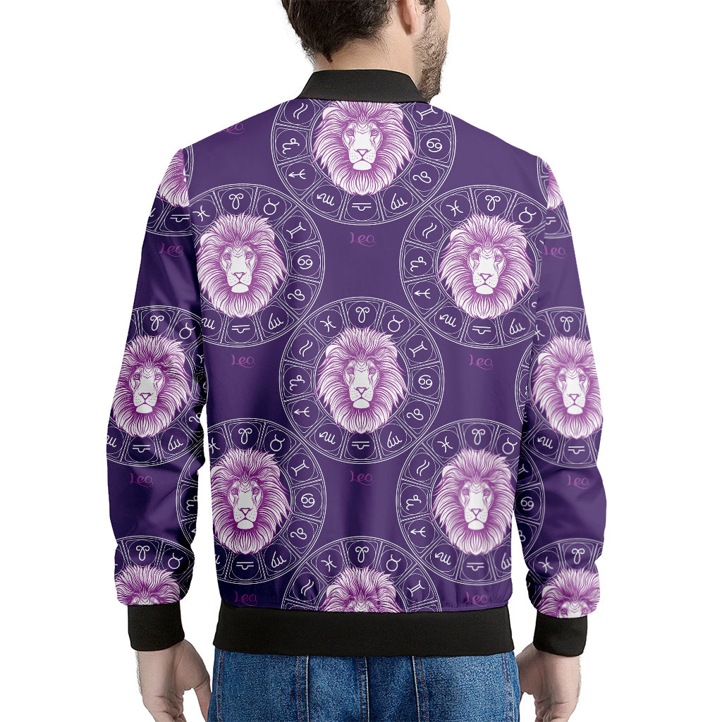 Purple Leo Zodiac Pattern Print Men's Bomber Jacket