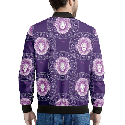 Purple Leo Zodiac Pattern Print Men's Bomber Jacket