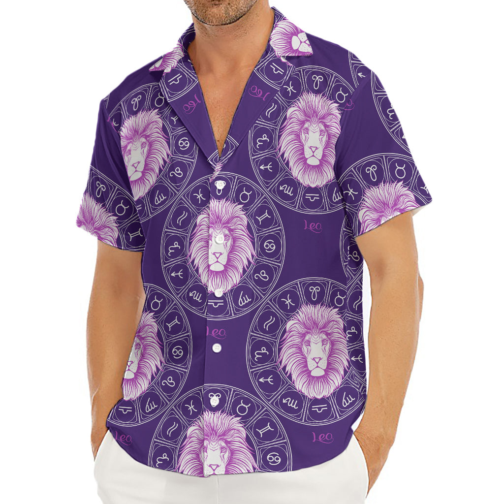 Purple Leo Zodiac Pattern Print Men's Deep V-Neck Shirt