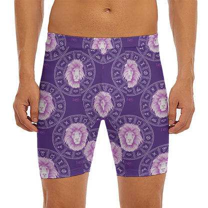 Purple Leo Zodiac Pattern Print Men's Long Boxer Briefs