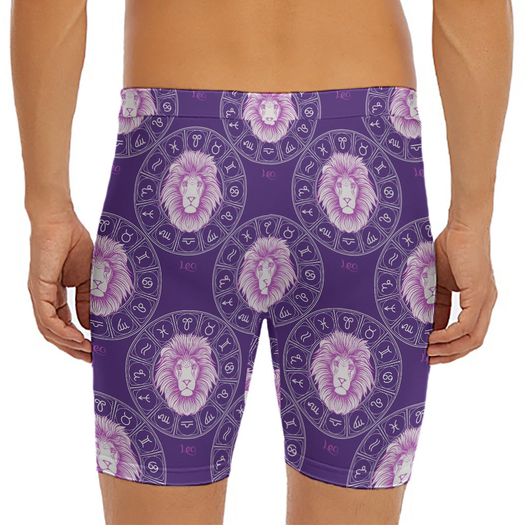 Purple Leo Zodiac Pattern Print Men's Long Boxer Briefs
