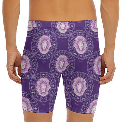 Purple Leo Zodiac Pattern Print Men's Long Boxer Briefs
