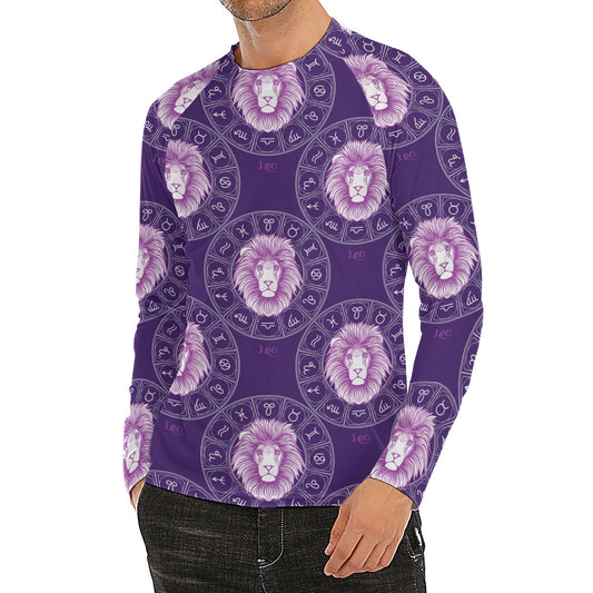 Purple Leo Zodiac Pattern Print Men's Long Sleeve Rash Guard