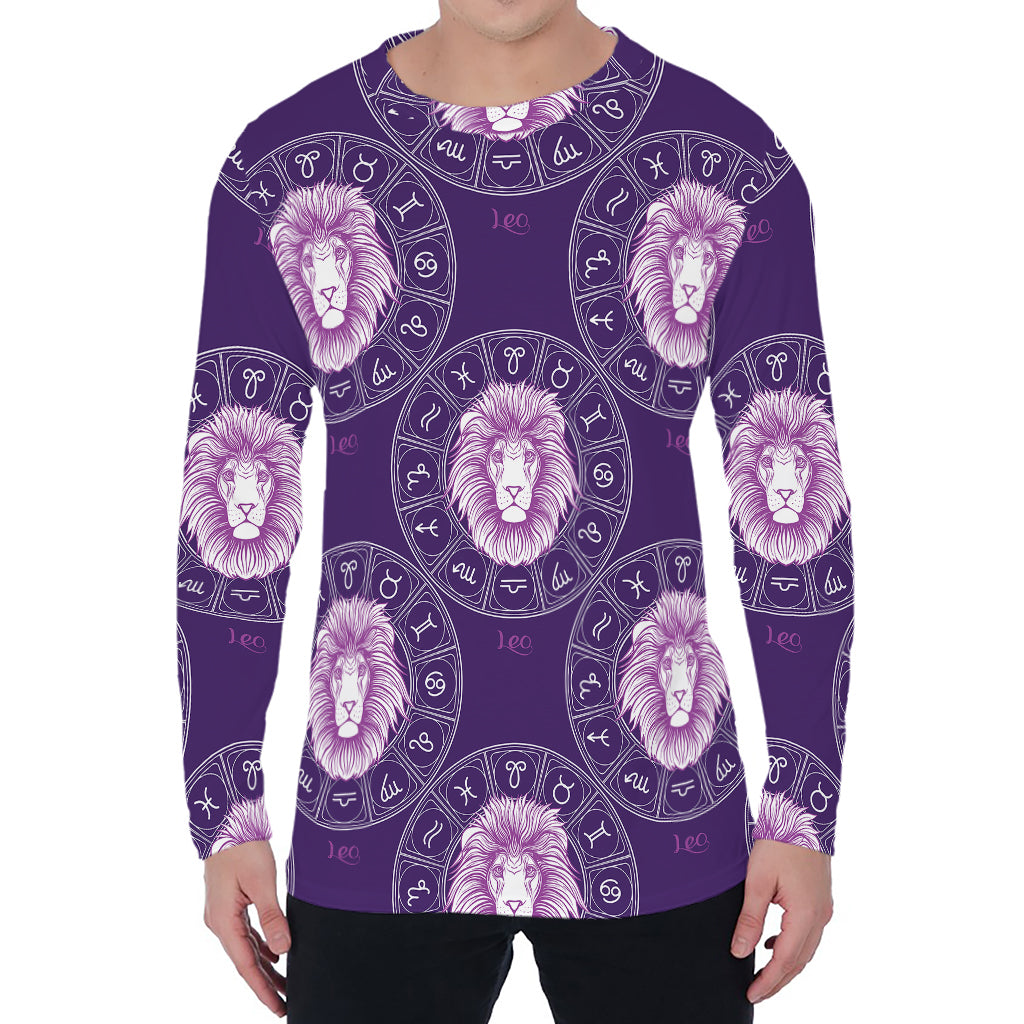 Purple Leo Zodiac Pattern Print Men's Long Sleeve T-Shirt