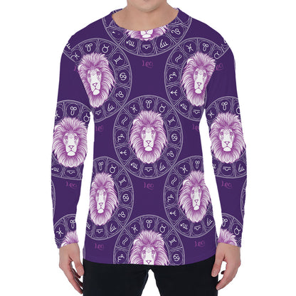 Purple Leo Zodiac Pattern Print Men's Long Sleeve T-Shirt