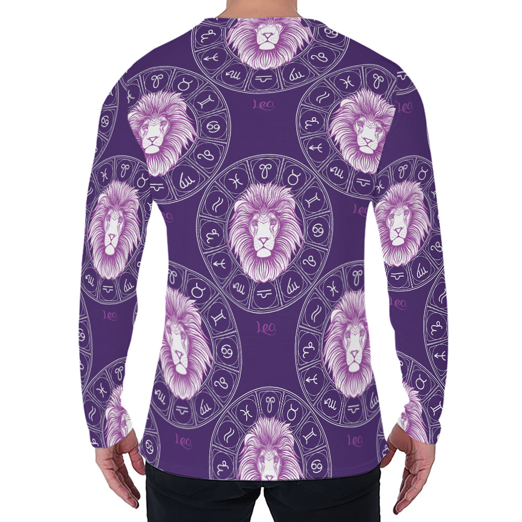 Purple Leo Zodiac Pattern Print Men's Long Sleeve T-Shirt