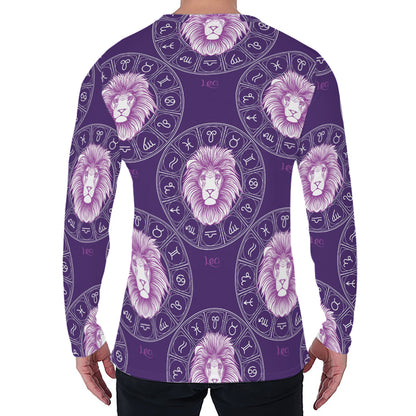 Purple Leo Zodiac Pattern Print Men's Long Sleeve T-Shirt