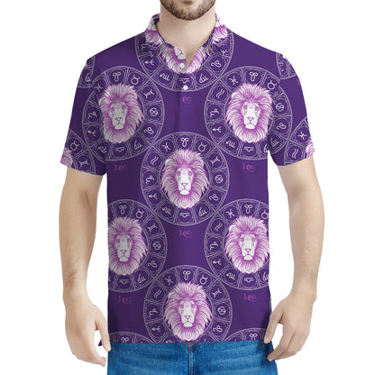 Purple Leo Zodiac Pattern Print Men's Polo Shirt