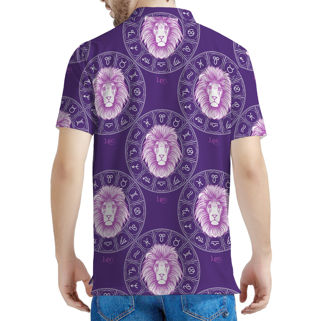 Purple Leo Zodiac Pattern Print Men's Polo Shirt