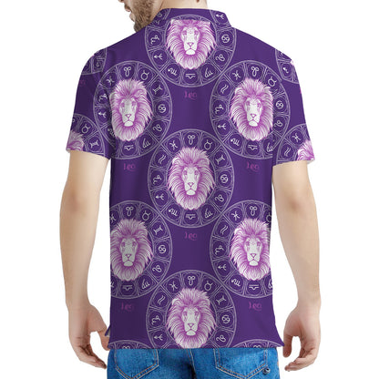 Purple Leo Zodiac Pattern Print Men's Polo Shirt
