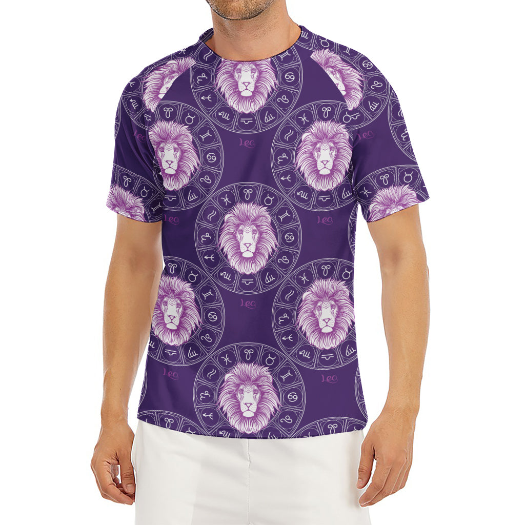 Purple Leo Zodiac Pattern Print Men's Short Sleeve Rash Guard