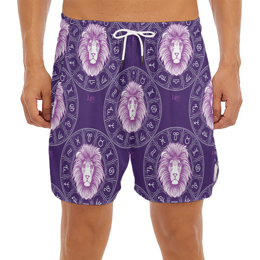 Purple Leo Zodiac Pattern Print Men's Split Running Shorts