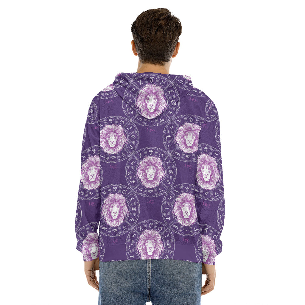 Purple Leo Zodiac Pattern Print Men's Velvet Pullover Hoodie