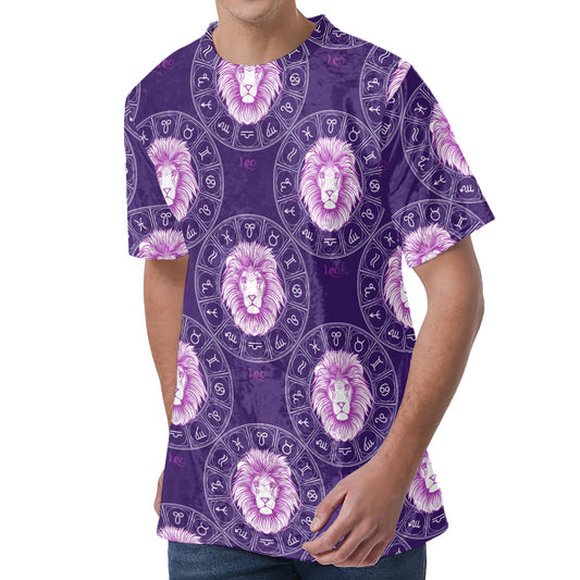 Purple Leo Zodiac Pattern Print Men's Velvet T-Shirt