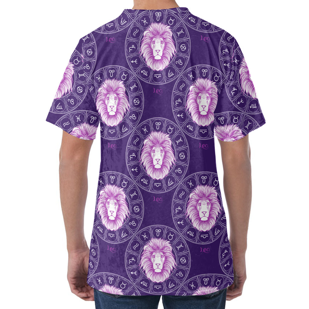 Purple Leo Zodiac Pattern Print Men's Velvet T-Shirt