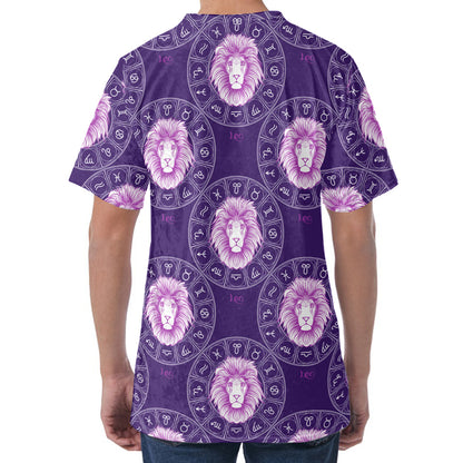 Purple Leo Zodiac Pattern Print Men's Velvet T-Shirt