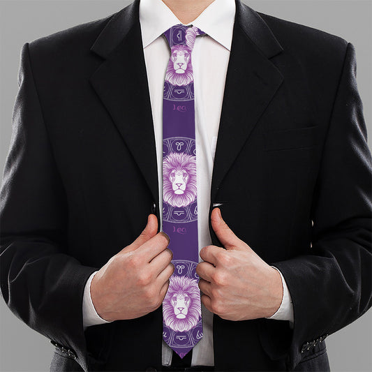 Purple Leo Zodiac Pattern Print Necktie