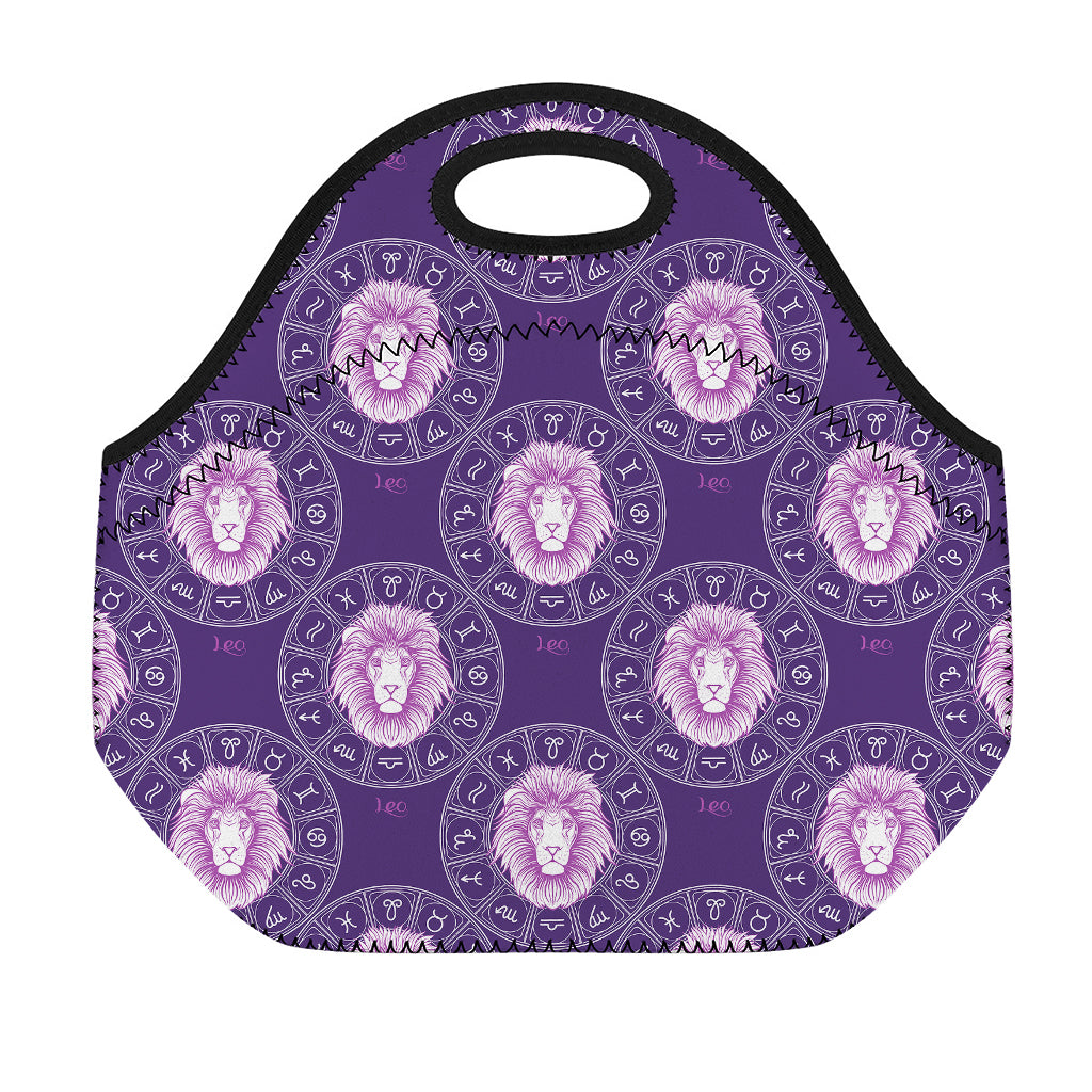 Purple Leo Zodiac Pattern Print Neoprene Lunch Bag