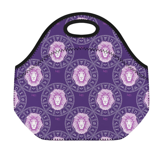Purple Leo Zodiac Pattern Print Neoprene Lunch Bag