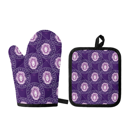 Purple Leo Zodiac Pattern Print Oven Mitt And Pot Holder Set