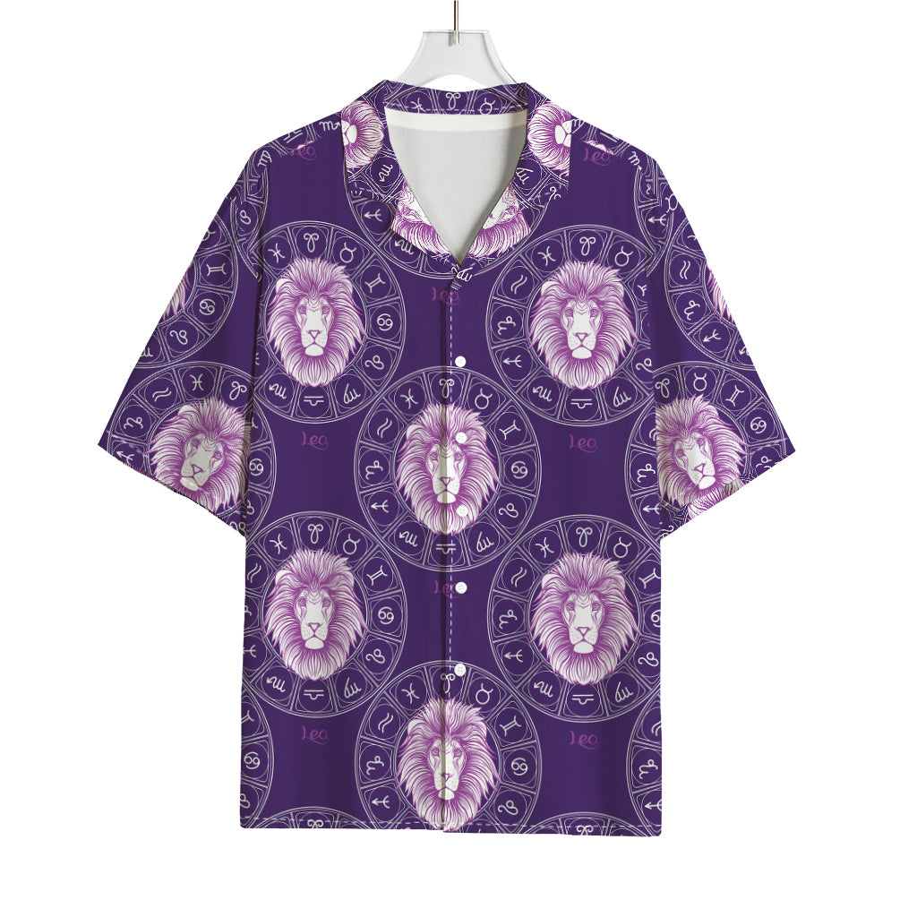 Purple Leo Zodiac Pattern Print Rayon Hawaiian Shirt