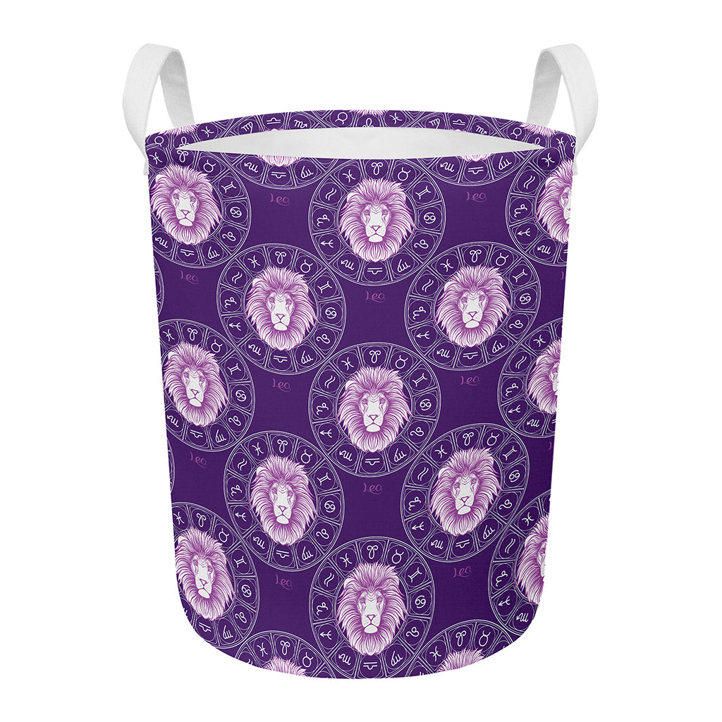 Purple Leo Zodiac Pattern Print Round Laundry Basket