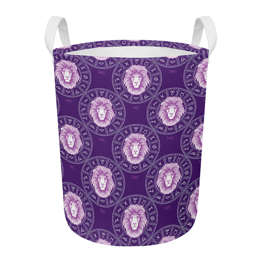 Purple Leo Zodiac Pattern Print Round Laundry Basket