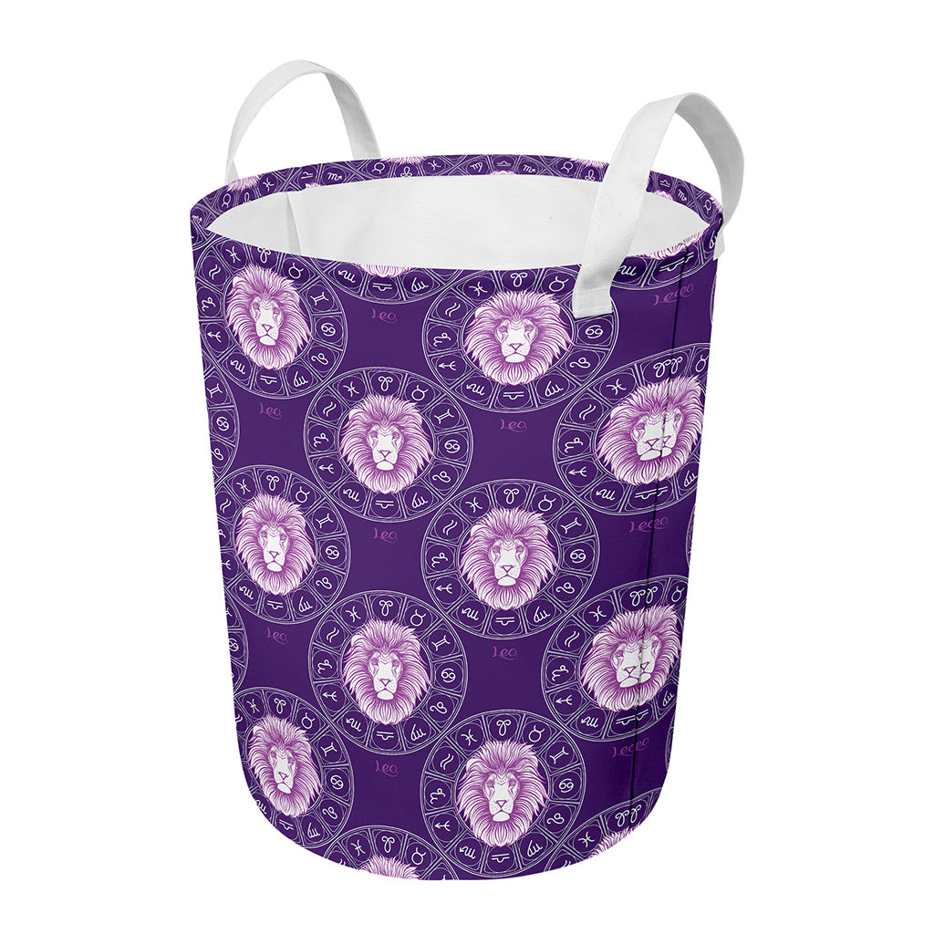 Purple Leo Zodiac Pattern Print Round Laundry Basket