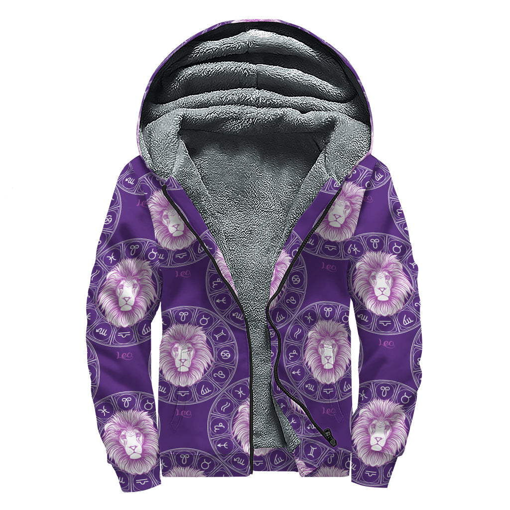 Purple Leo Zodiac Pattern Print Sherpa Lined Zip Up Hoodie