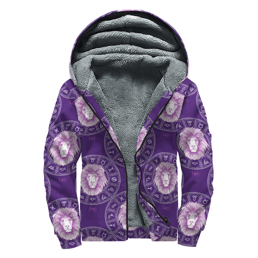 Purple Leo Zodiac Pattern Print Sherpa Lined Zip Up Hoodie