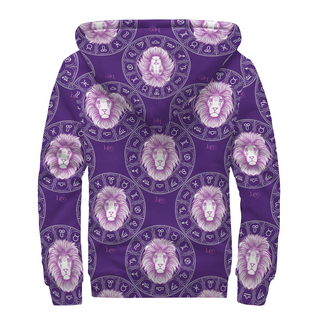 Purple Leo Zodiac Pattern Print Sherpa Lined Zip Up Hoodie