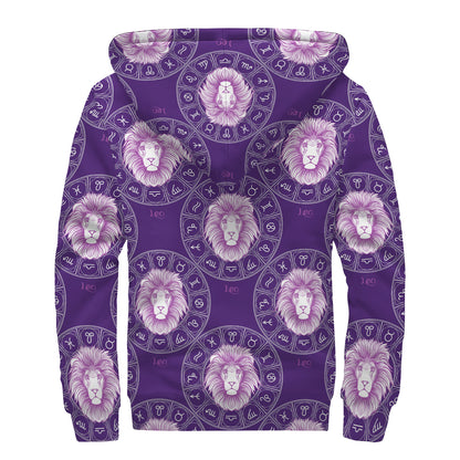 Purple Leo Zodiac Pattern Print Sherpa Lined Zip Up Hoodie