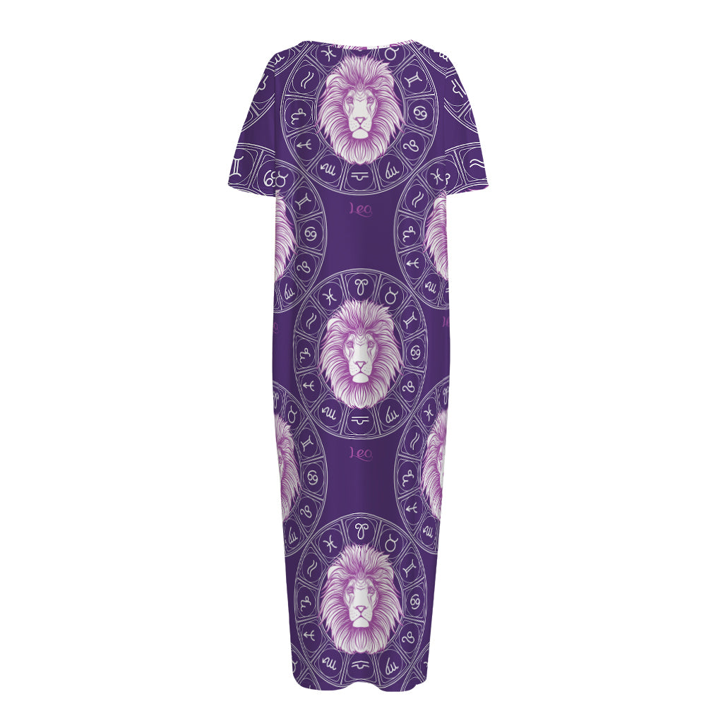 Purple Leo Zodiac Pattern Print Short Sleeve Long Nightdress