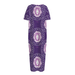 Purple Leo Zodiac Pattern Print Short Sleeve Long Nightdress