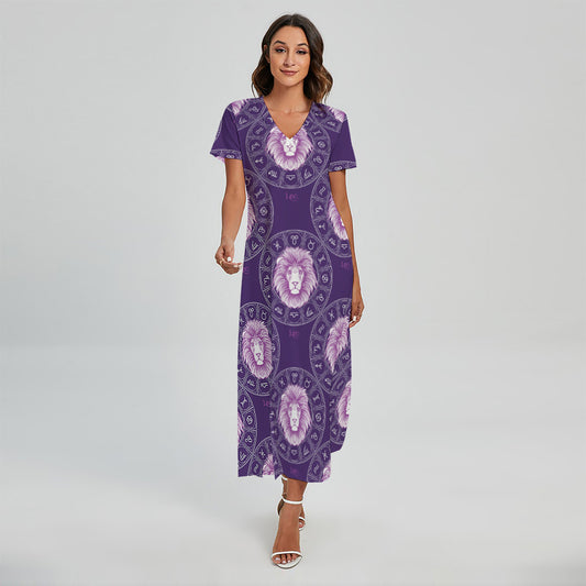 Purple Leo Zodiac Pattern Print Short Sleeve Maxi Dress