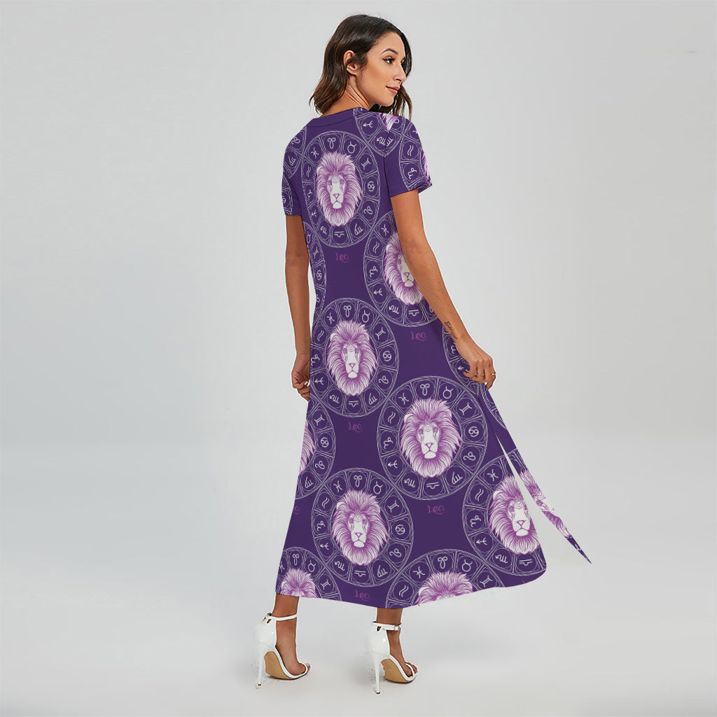 Purple Leo Zodiac Pattern Print Short Sleeve Maxi Dress