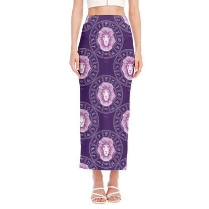 Purple Leo Zodiac Pattern Print Side Slit Maxi Skirt