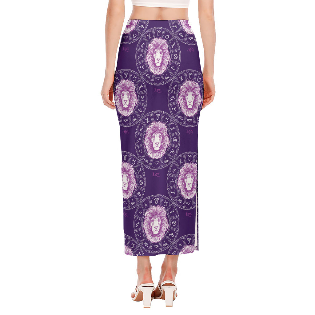 Purple Leo Zodiac Pattern Print Side Slit Maxi Skirt