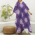 Purple Leo Zodiac Pattern Print Silk V-Neck Kaftan Dress