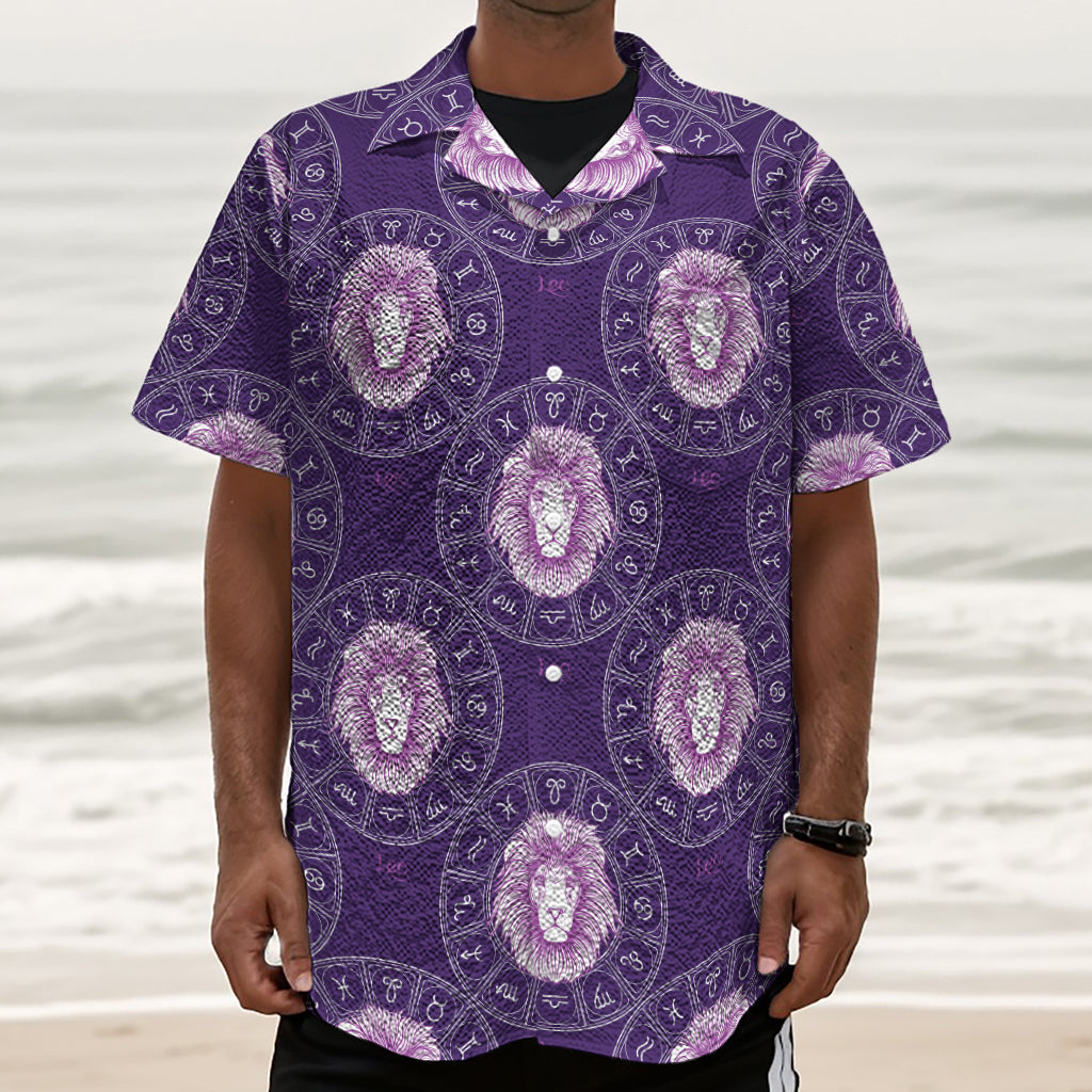 Purple Leo Zodiac Pattern Print Textured Short Sleeve Shirt