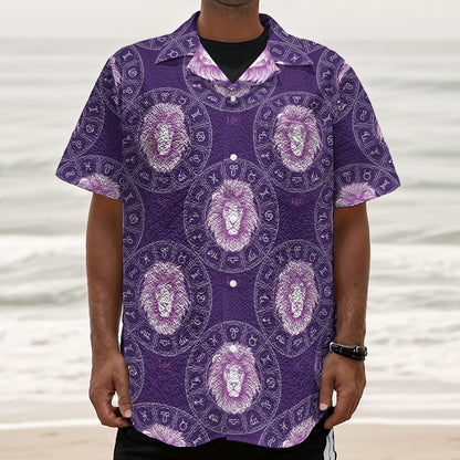 Purple Leo Zodiac Pattern Print Textured Short Sleeve Shirt