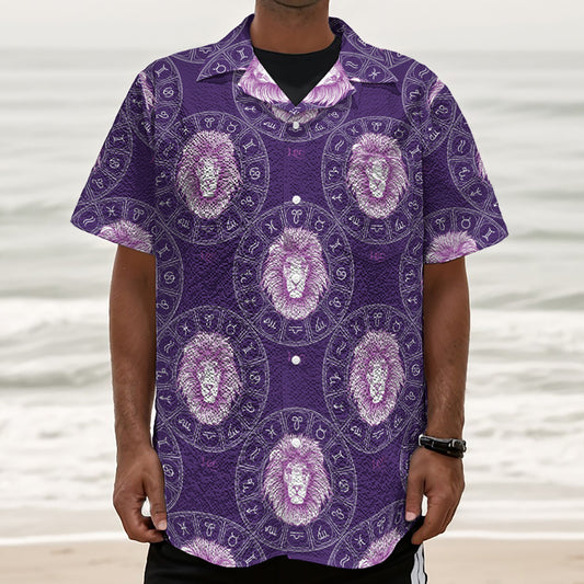 Purple Leo Zodiac Pattern Print Textured Short Sleeve Shirt