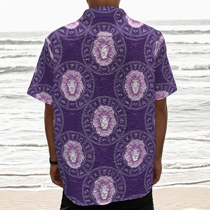 Purple Leo Zodiac Pattern Print Textured Short Sleeve Shirt