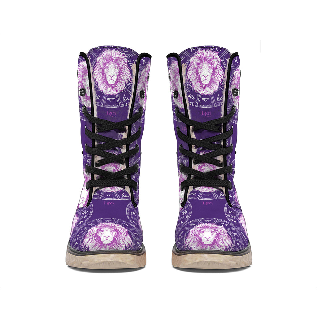 Purple Leo Zodiac Pattern Print Winter Boots