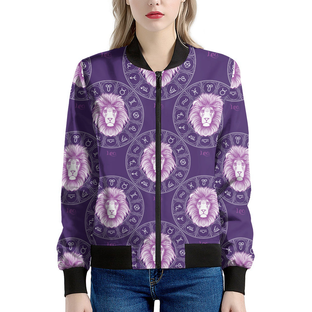 Purple Leo Zodiac Pattern Print Women's Bomber Jacket