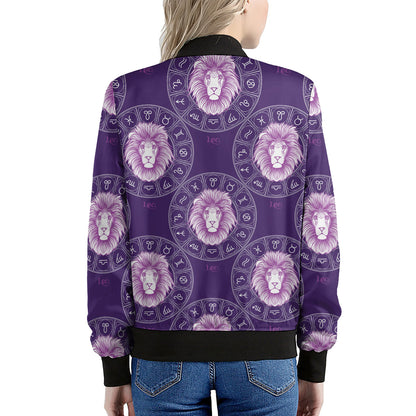 Purple Leo Zodiac Pattern Print Women's Bomber Jacket