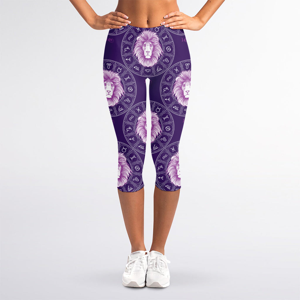 Purple Leo Zodiac Pattern Print Women's Capri Leggings
