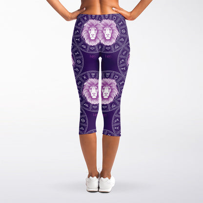 Purple Leo Zodiac Pattern Print Women's Capri Leggings