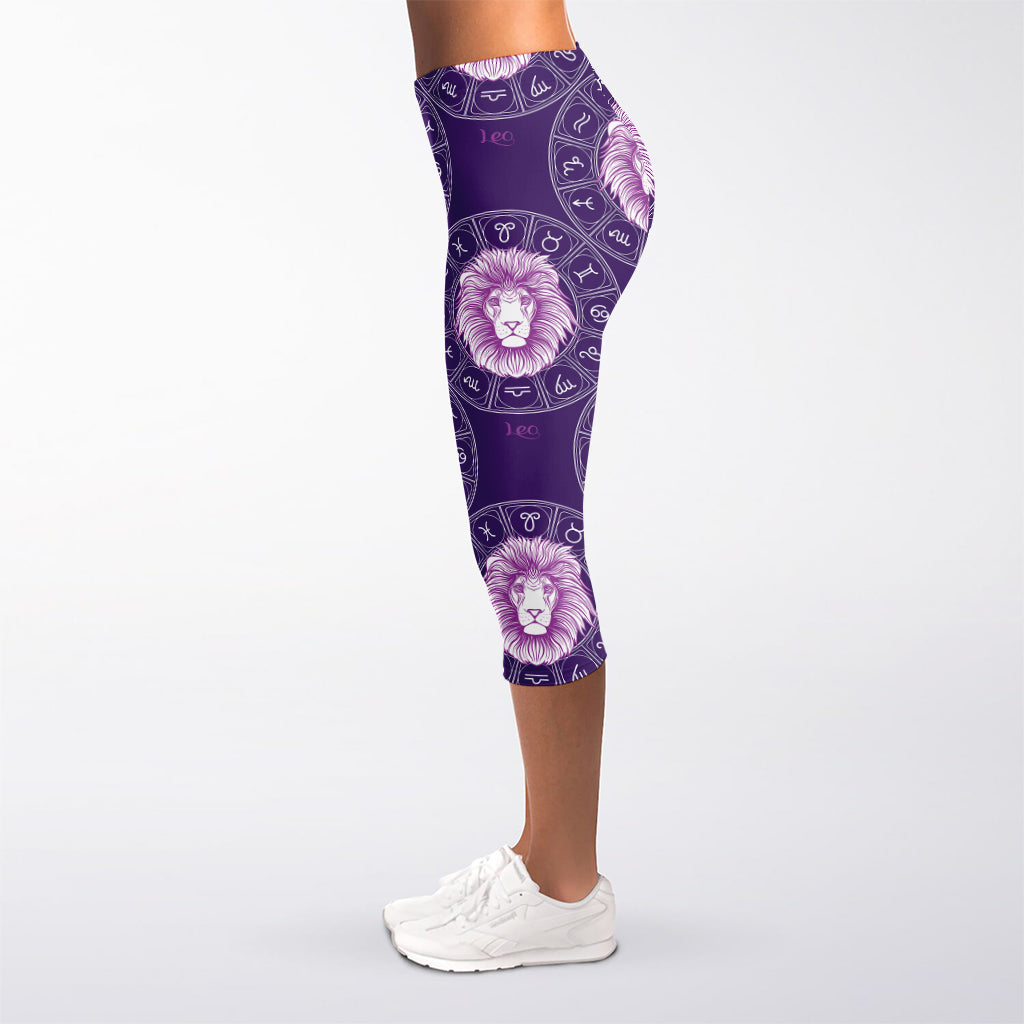 Purple Leo Zodiac Pattern Print Women's Capri Leggings