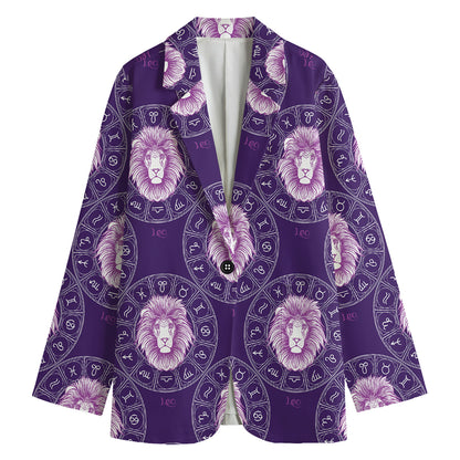 Purple Leo Zodiac Pattern Print Women's Cotton Blazer